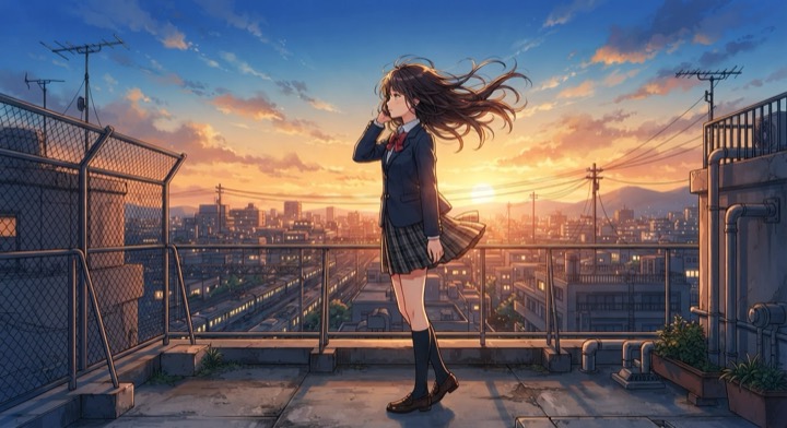 アニメ風イラスト: 夕暮れの屋上