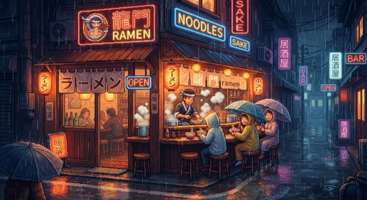 ピクセルアート: 夜のラーメン屋